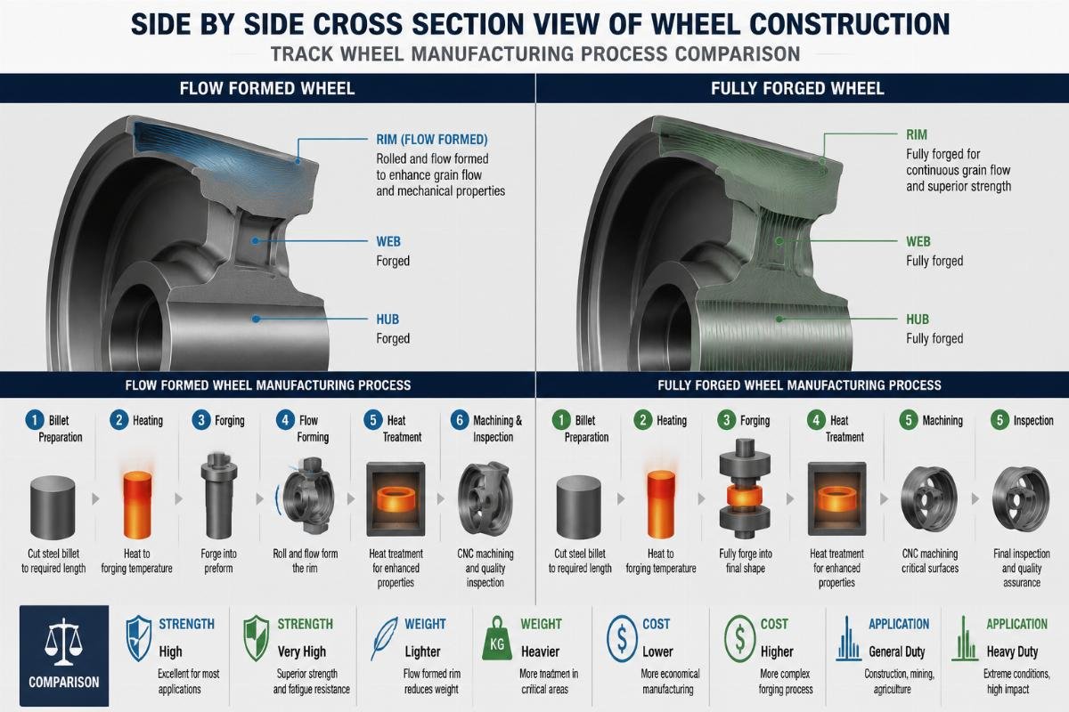 Track wheel manufacturing process comparison Side by side cross section view of flow formed and fully forged wheel construction