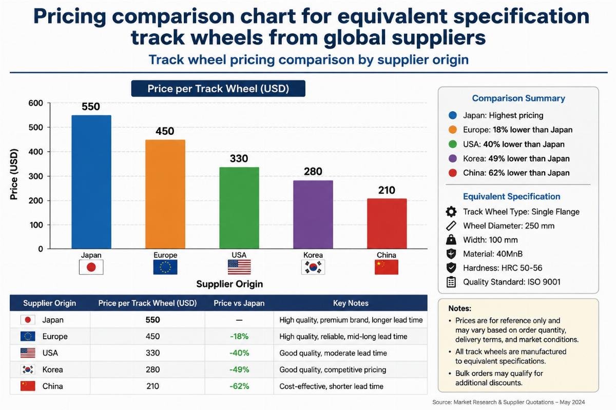 Track wheel pricing comparison by supplier origin Pricing comparison chart for equivalent specification track wheels from global suppliers