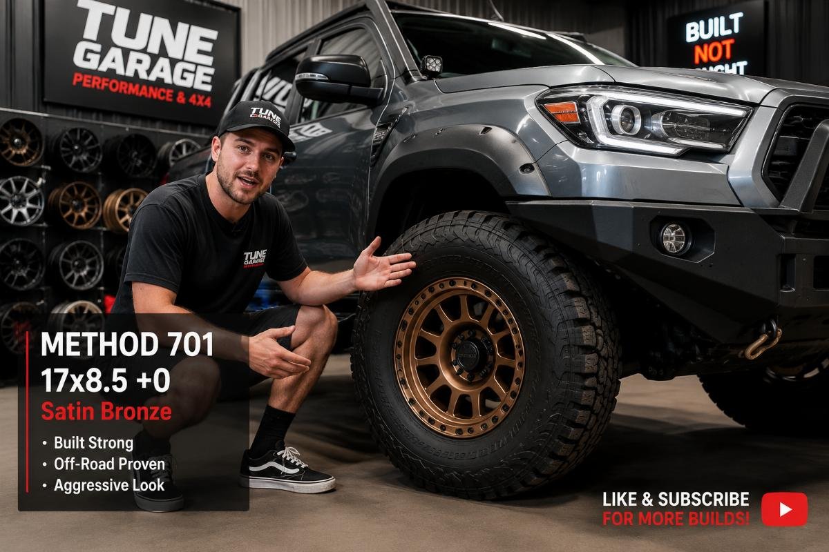 Auto tuning shop staff demonstrating a set of off-road wheels on a 4x4 vehicle