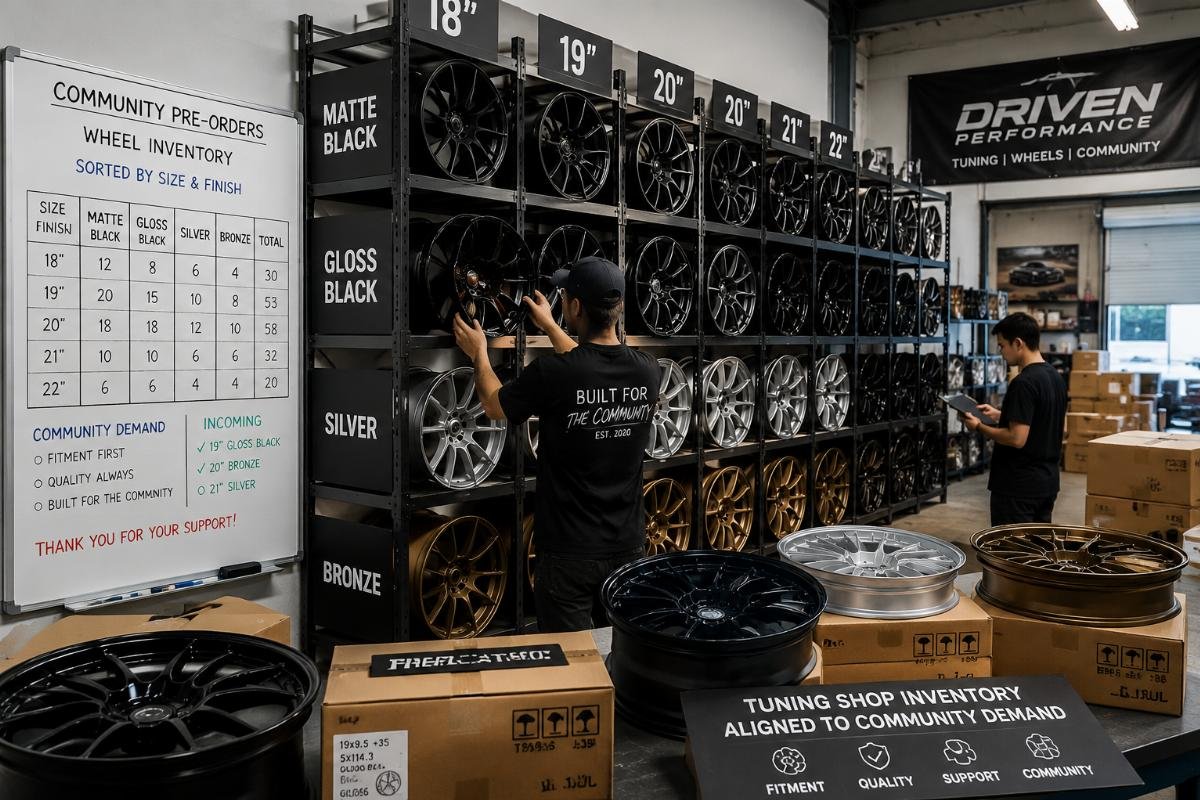 Workshop staff organizing custom wheel inventory stacked by size and finish for community pre-orders