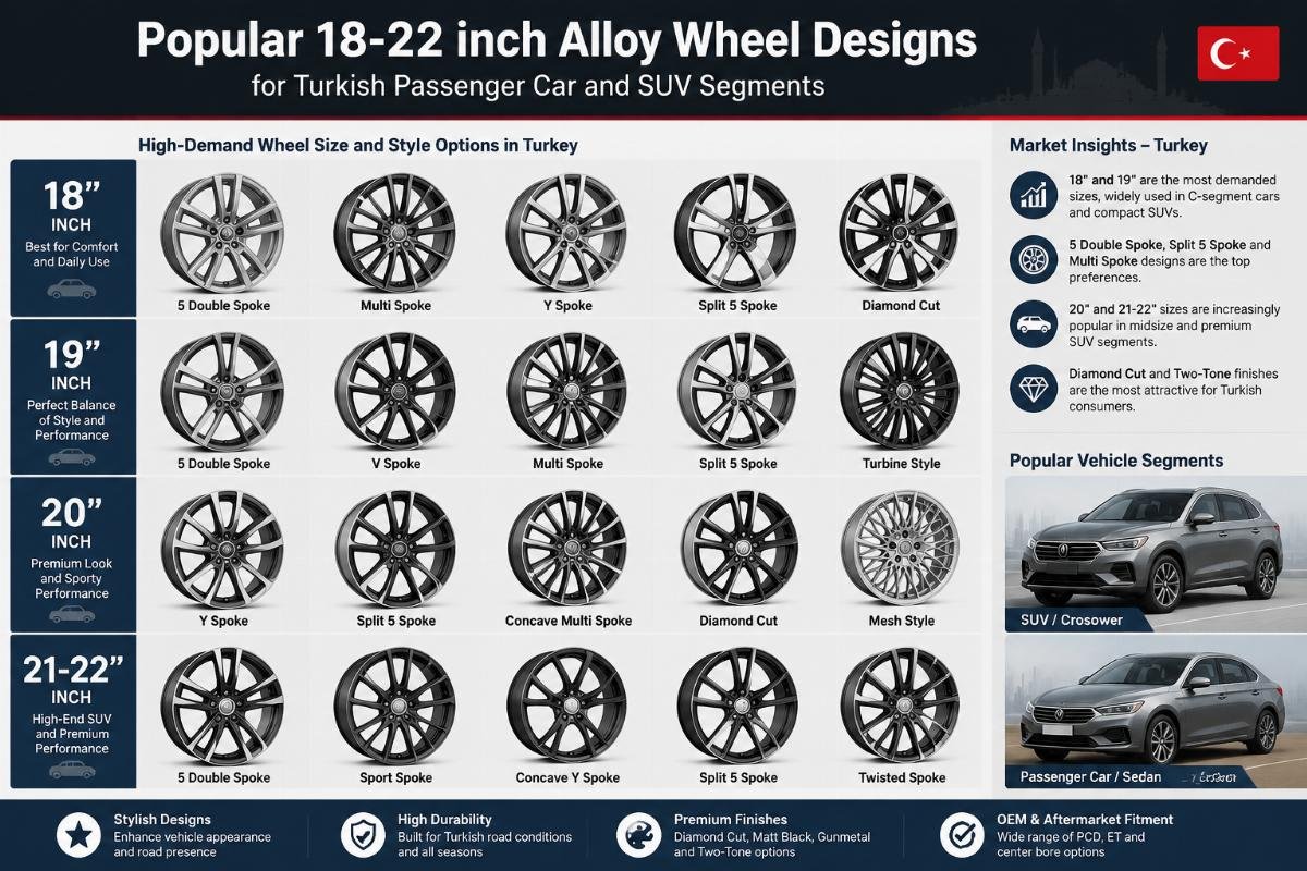 Turkey high-demand wheel size and style options Popular 18-22 inch alloy wheel designs for Turkish passenger car and SUV segments