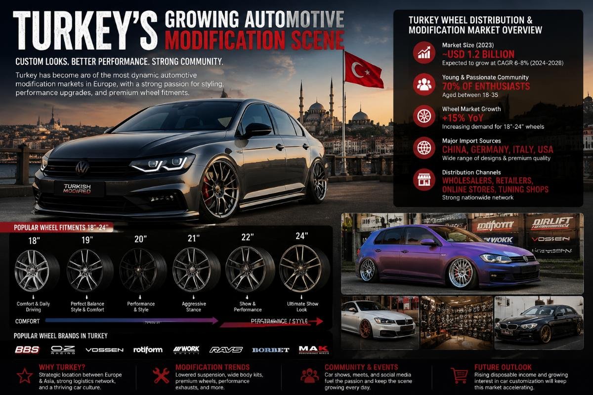 Turkey wheel distribution and modification market overview Turkey's growing automotive modification scene showcasing popular 18-24 inch wheel fitments