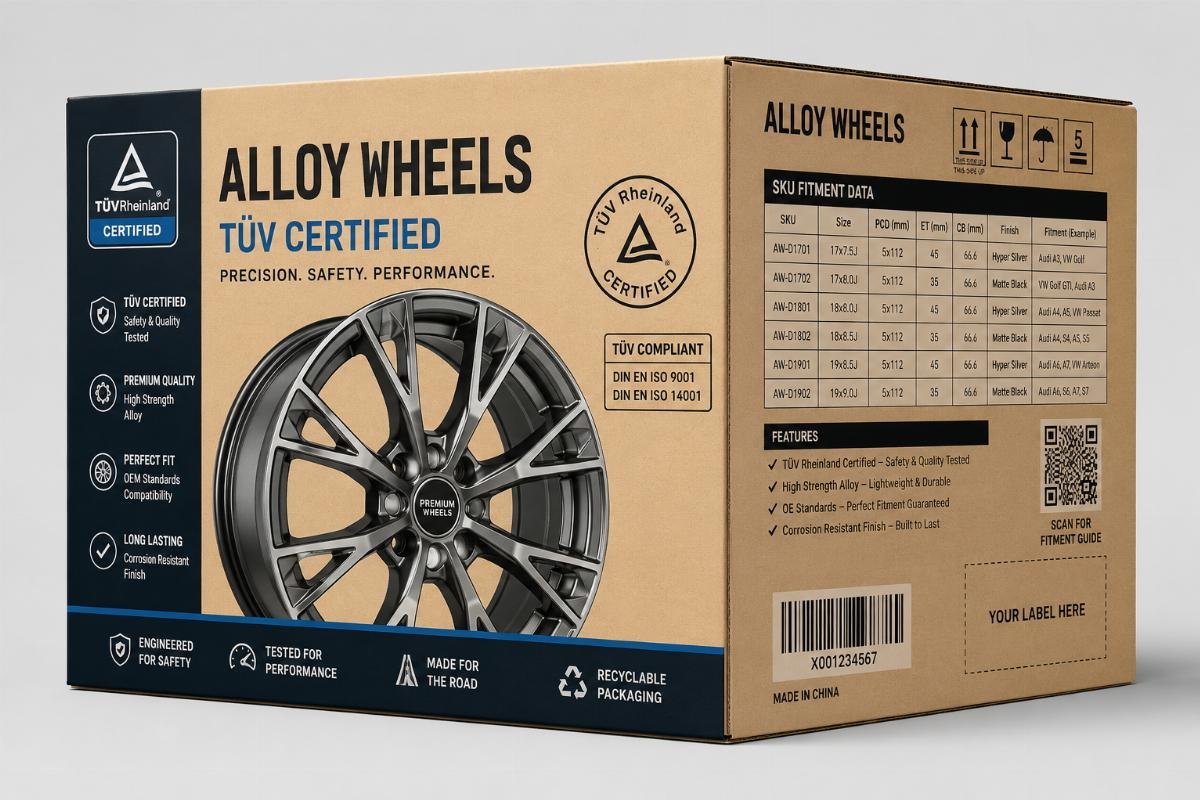 Amazon-ready packaging for TüV certified alloy wheels, with SKU fitment data printed on the box