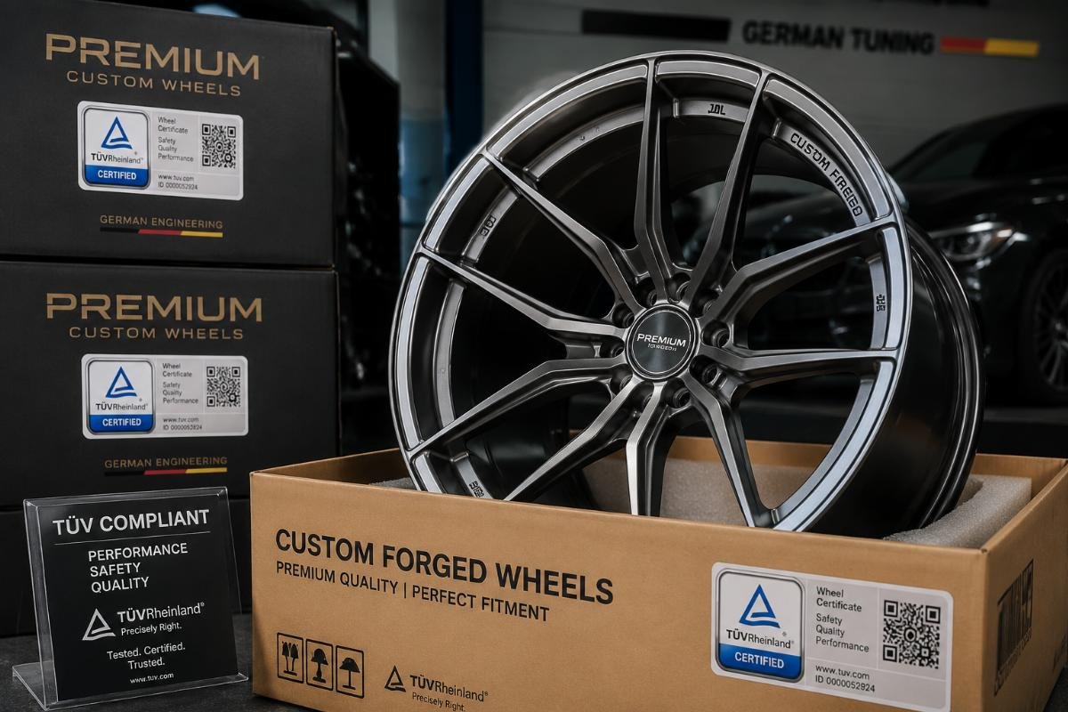 Custom concave alloy wheels for luxury car modification, with TüV compliance labels on the packaging