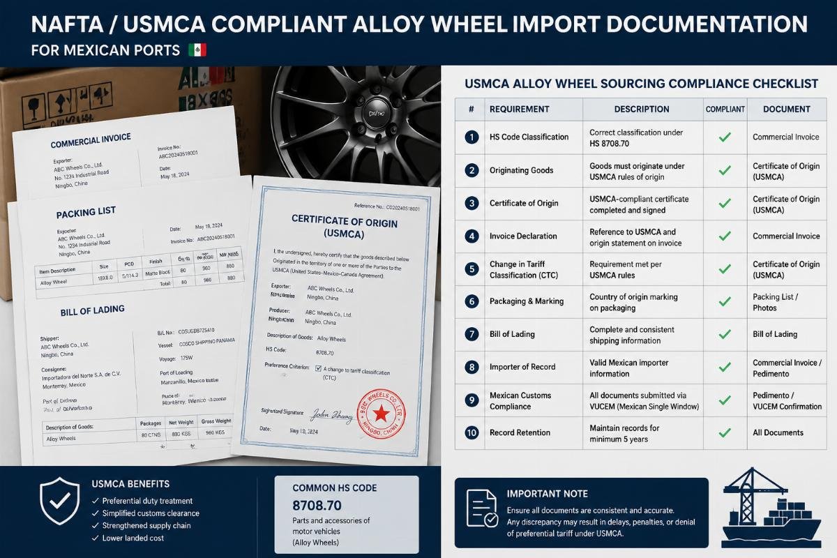 USMCA alloy wheel sourcing compliance checklist Sample of NAFTA/USMCA compliant alloy wheel import documentation for Mexican ports