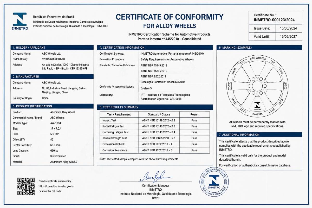 Alloy wheel certification document sample for Brazilian customs
