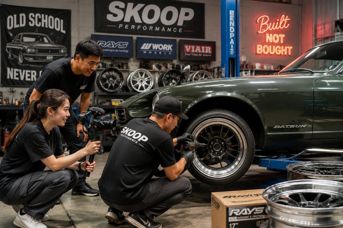 Influencer and modification shop team working on vintage car wheel install