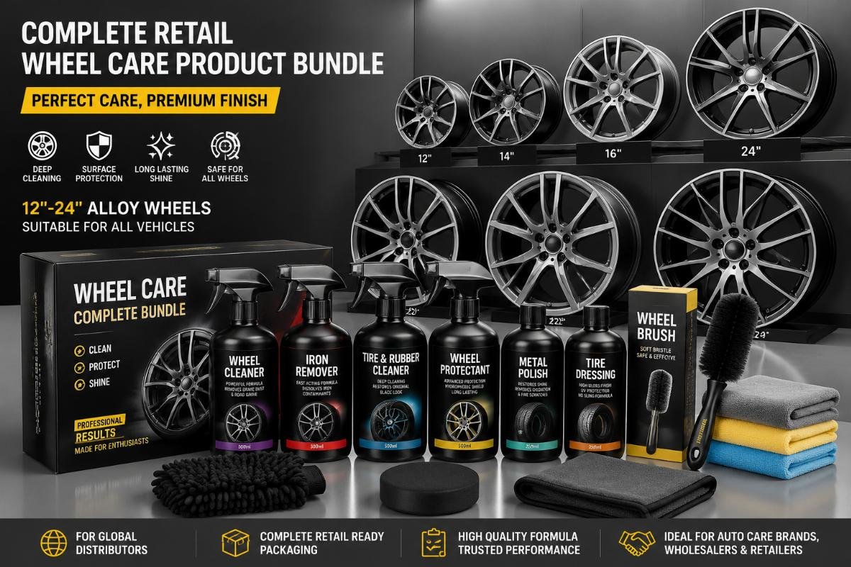 Complete retail wheel care product bundle displayed alongside 12-24 inch alloy wheels