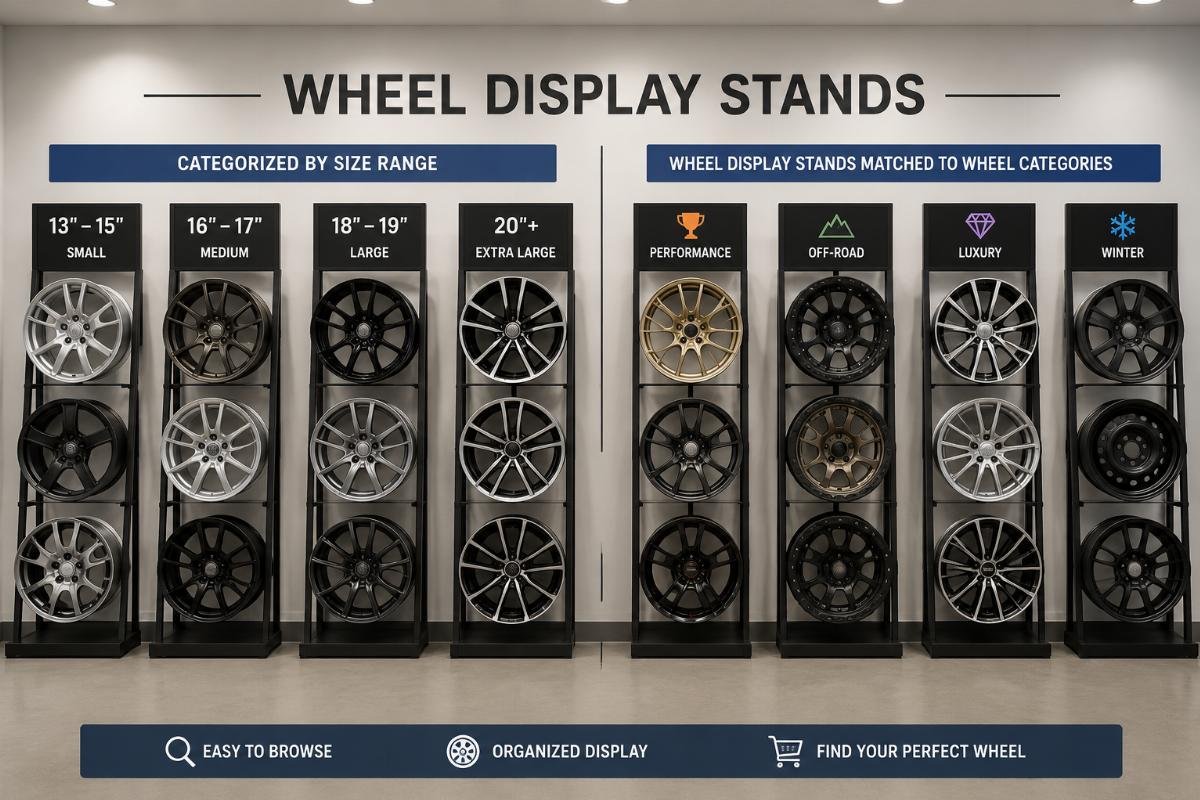 Wheel display stands matched to wheel categories Categorized wheel display stands arranged by size range