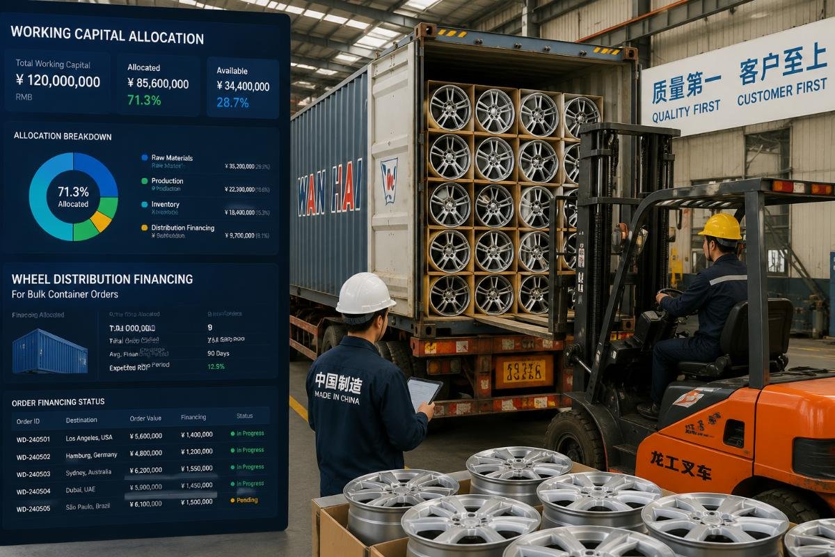 Wheel distribution financing for bulk container orders A freight container being loaded with alloy wheels at a Chinese factory, with a digital dashboard showing working capital allocation metrics