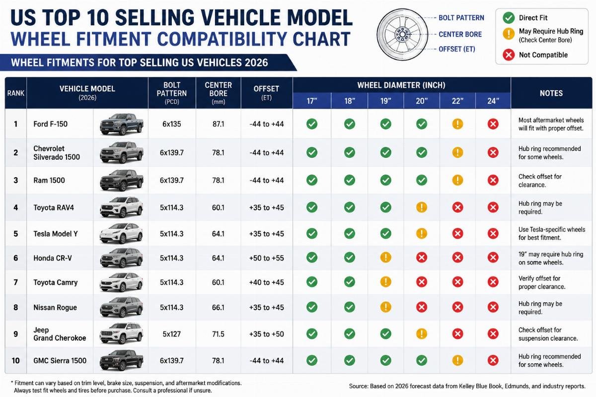 US top 10 selling vehicle model wheel fitment compatibility chart