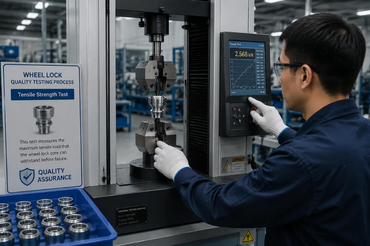 A technician tests the tensile strength of a wheel lock core in a manufacturing facility